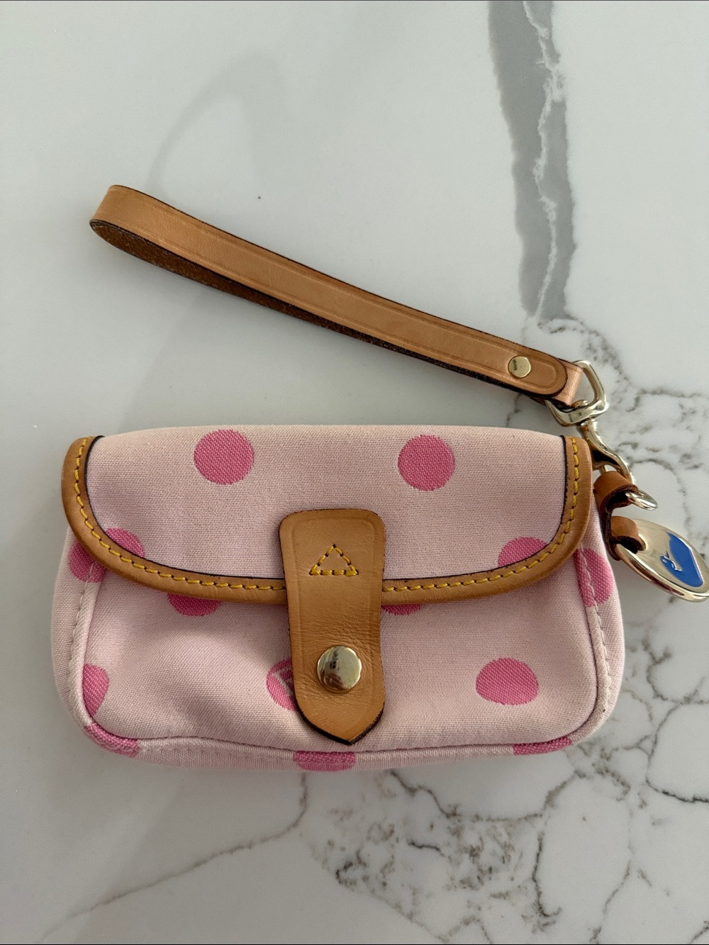 Dooney & Bourke Pink Polka Dot Wristlet with Tan Leather Trim